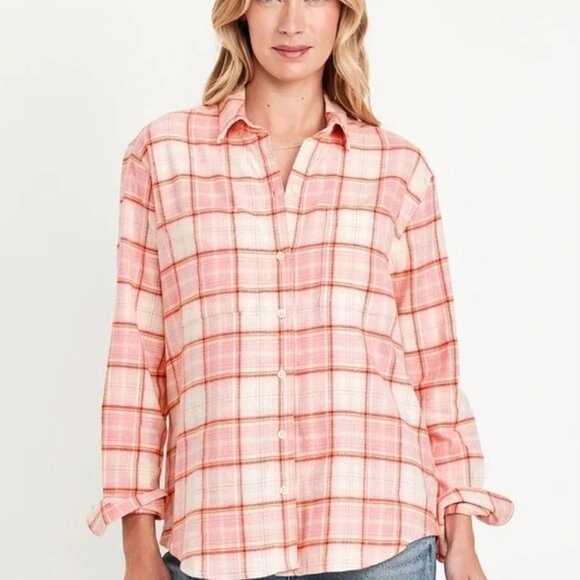 Old Navy Tops - OLD NAVY Relaxed Fit Boyfriend Flannel Shirt Size Large L Soft Pink Cream NWOT
